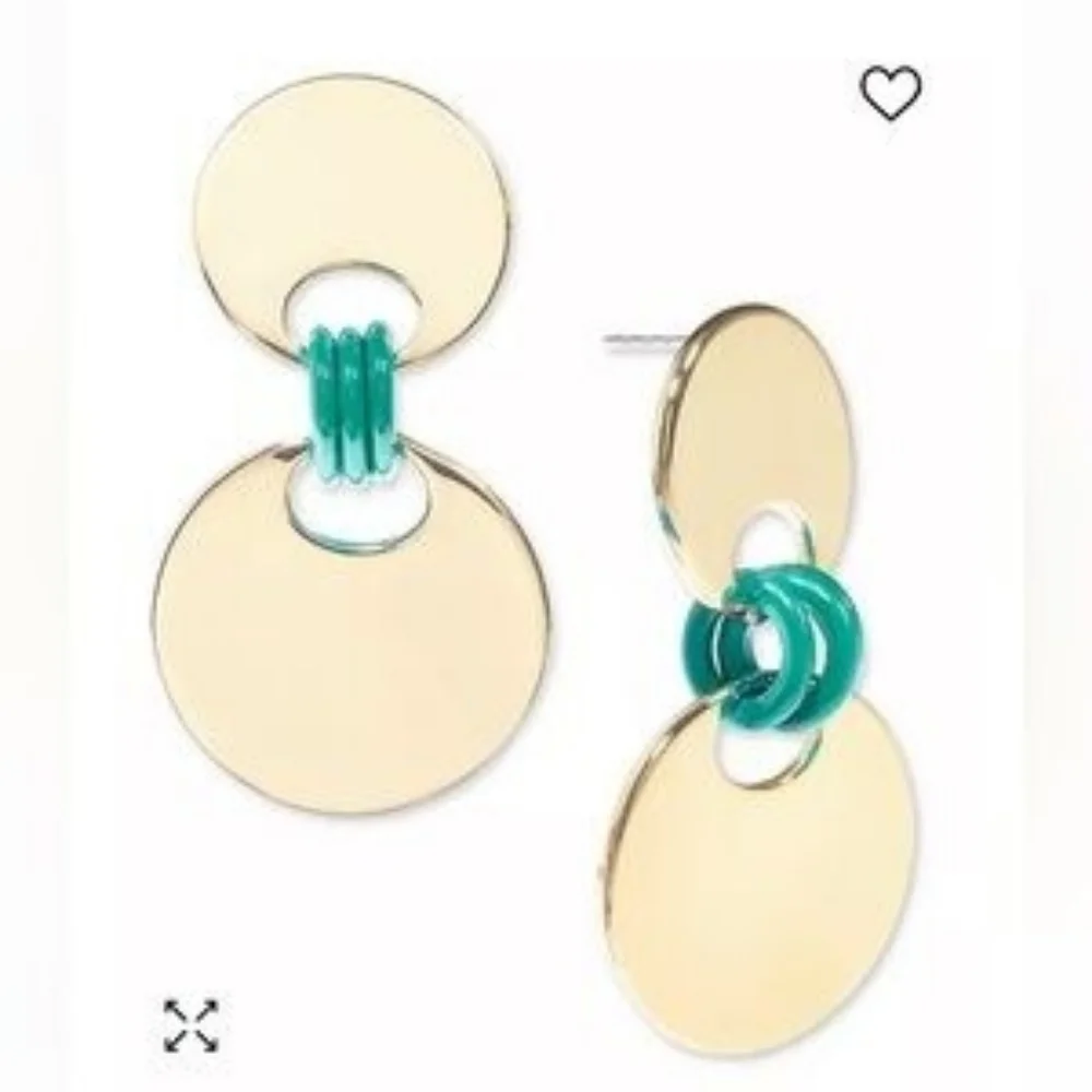 ON 34th Gold-Tone Disc & Blue-Green Color Ring Drop Earrings NWT